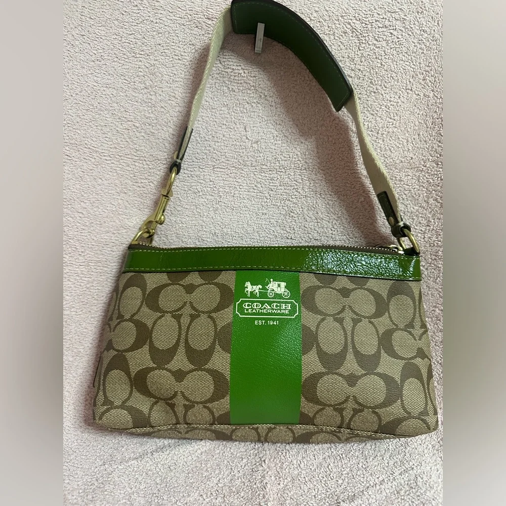 Coach Signature Canvas Shoulder Bag with Green Trim - Picture 2 of 5